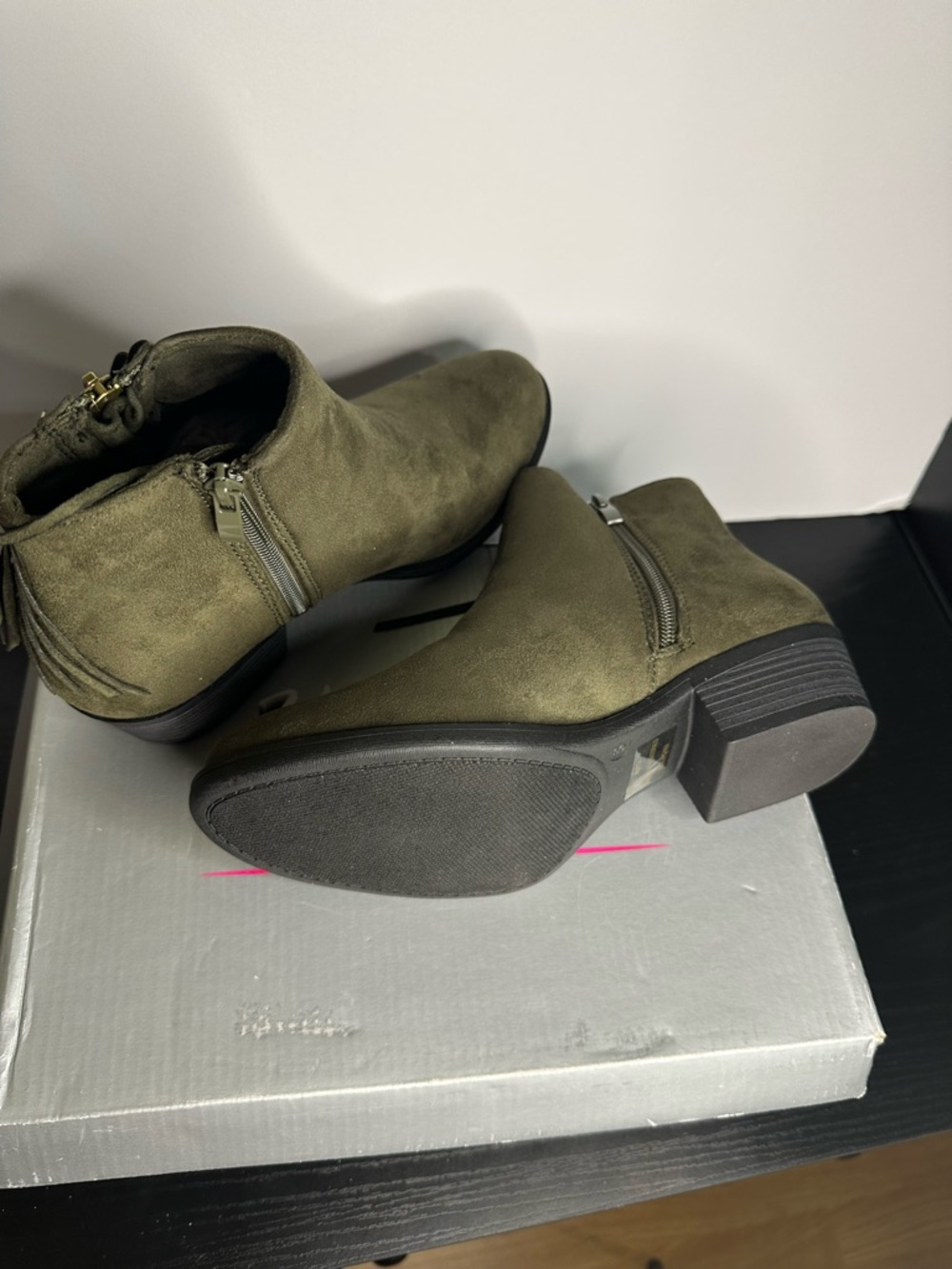 Herstyle Olive Green Suede Fringe Ankle Boots - Picture 6 of 7